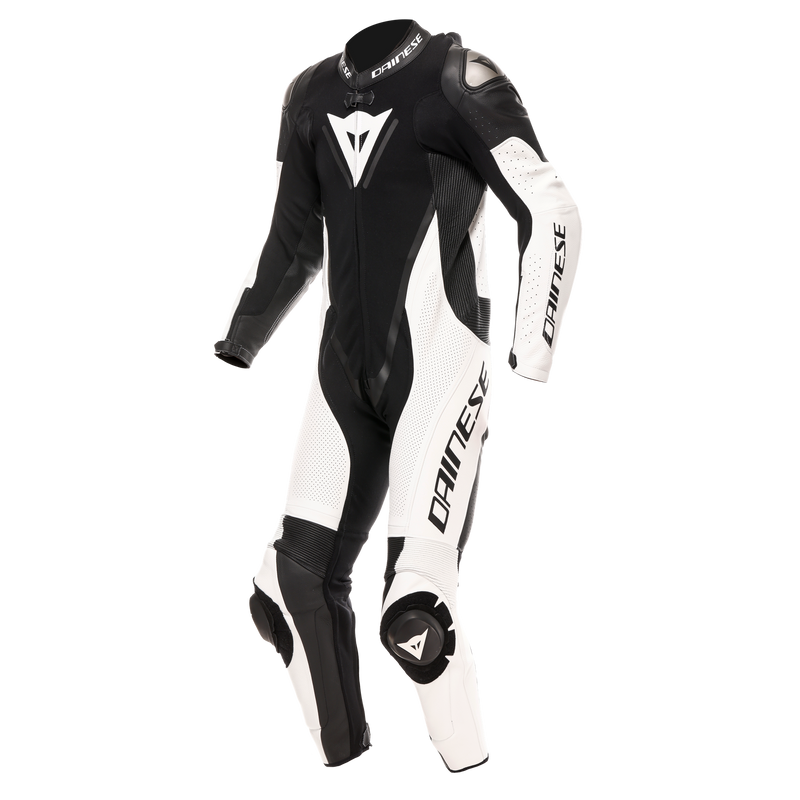 Demon Sprint - Men's One-Piece Perforated Leather Motorcycle Suit - Black/White/White