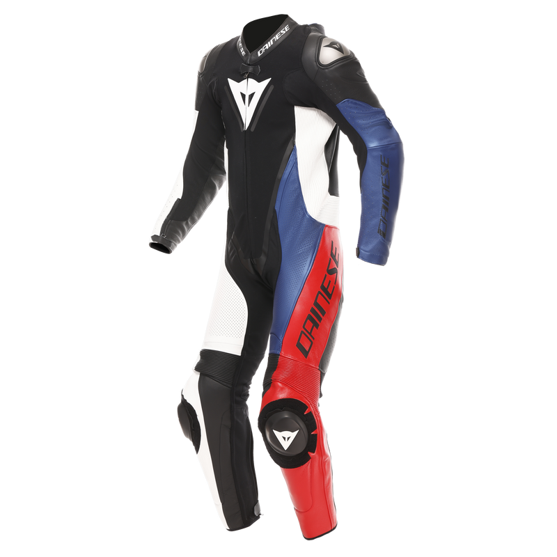 Demon Sprint - Men's One-Piece Perforated Leather Motorcycle Suit - Black/White/Red-Lava