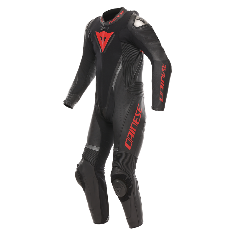 Demon Sprint - Men's One-Piece Perforated Leather Motorcycle Suit - Black/Black/Red-Lava