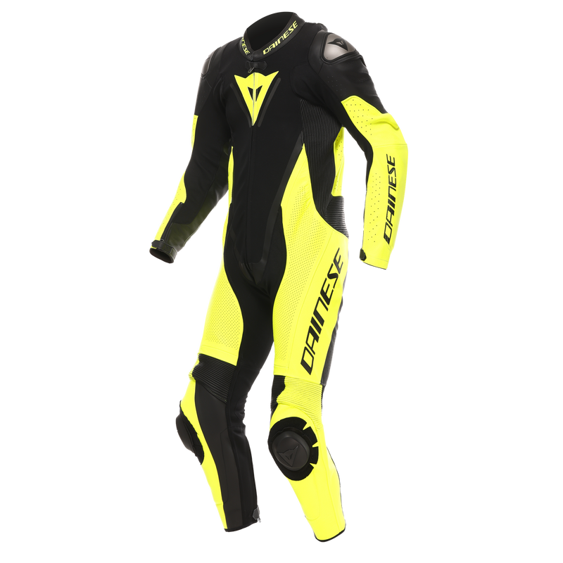 Demon Sprint - Men's One-Piece Perforated Leather Motorcycle Suit - Black/Yellow-Fluo/Yellow-Fluo