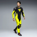 Demon Sprint - Men's One-Piece Perforated Leather Motorcycle Suit - Black/Yellow-Fluo/Yellow-Fluo