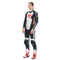 Grobnik - Women's 1-Piece Motorcycle Perforated Leather Suit - Black/White/Red-Fluo
