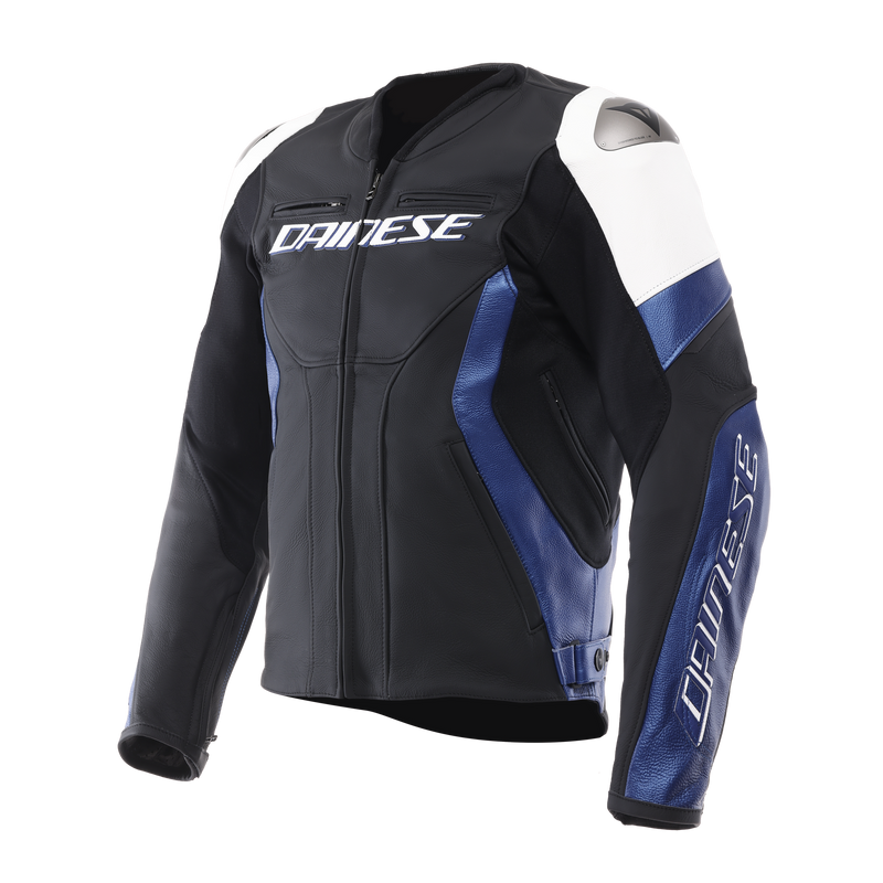 Racing 5 - Men Leather Motorcycle Jacket - White/Blue/Black