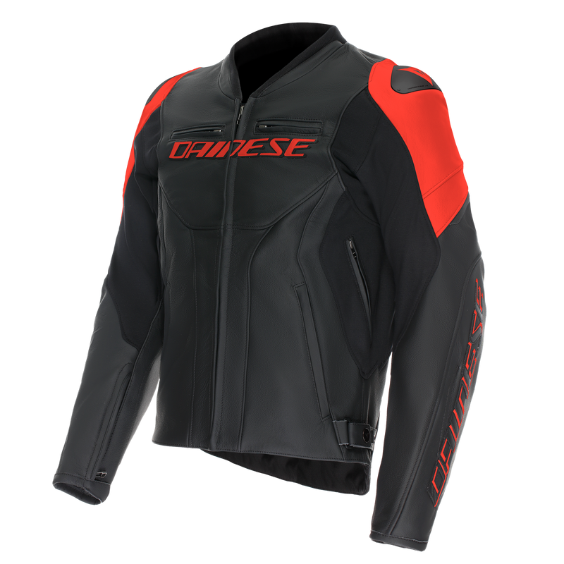 Racing 5 - Men Leather Motorcycle Jacket - Black/Black/Red-Fluo