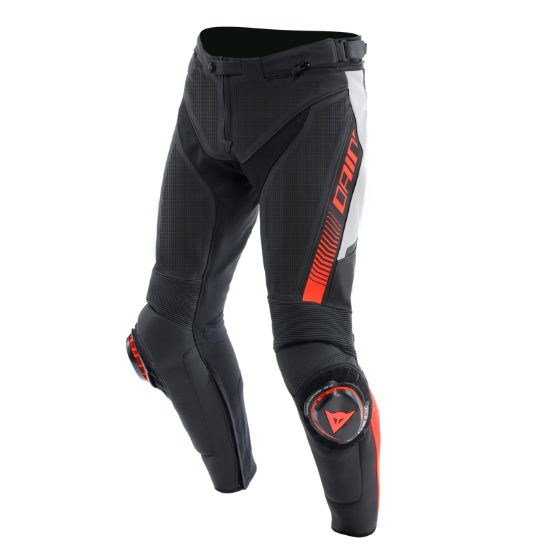 Super Speed - Perforated Leather Motorcycle Pants Men - Black/White/Red-Fluo
