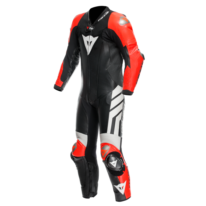 Mugello 3 D-AIR® - Men's One-Piece Perforated Leather Motorcycle Suit - Black/Fluo-Red/White