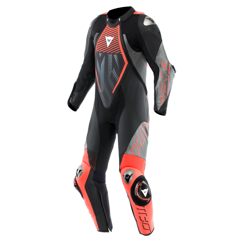 Audax D-Zip - Men's 1-Piece Motorcycle Perforated Leather Suit - Black/Red-Fluo/Anthracite