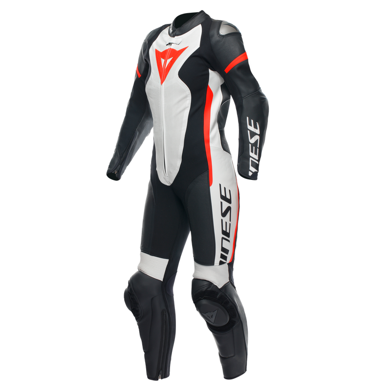 Grobnik - Women's 1-Piece Motorcycle Perforated Leather Suit - Black/White/Red-Fluo