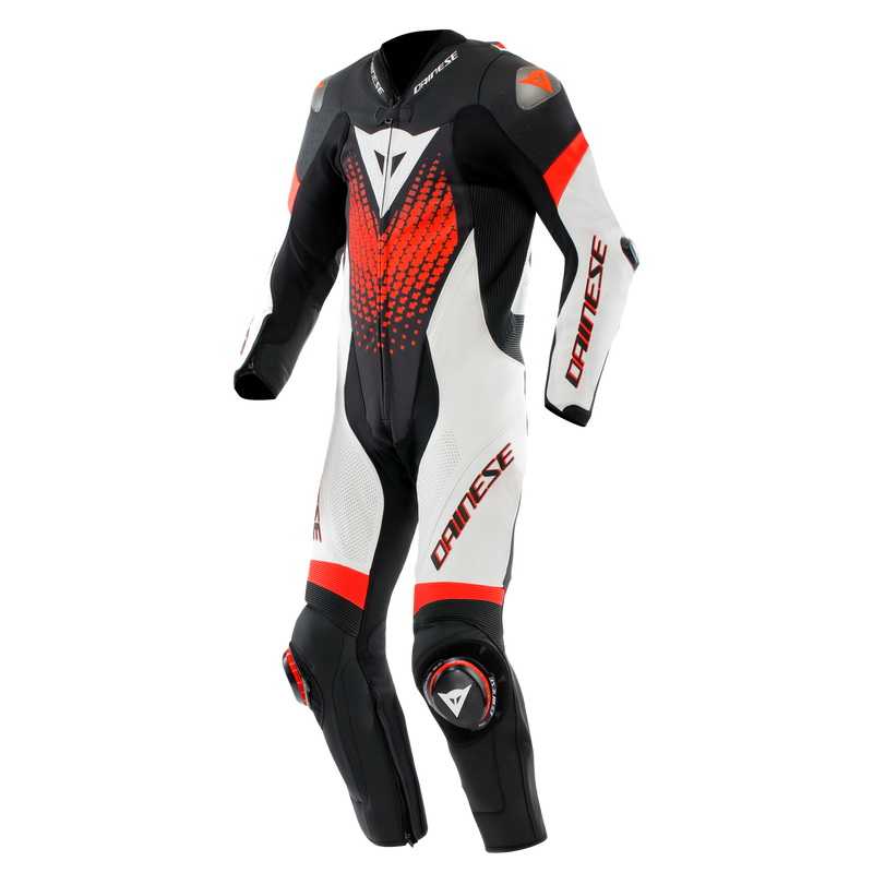 Laguna Seca 6 - Perforated One-Piece Leather Racing Suit - Black/White/Red-Fluo