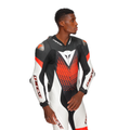 Laguna Seca 6 - Perforated One-Piece Leather Racing Suit - Black/White/Red-Fluo