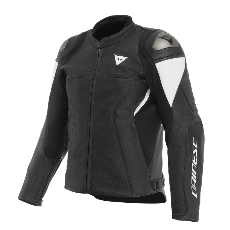 Essential 2 - Men Perforated Leather Motorcycle Jacket - Black/Black/White