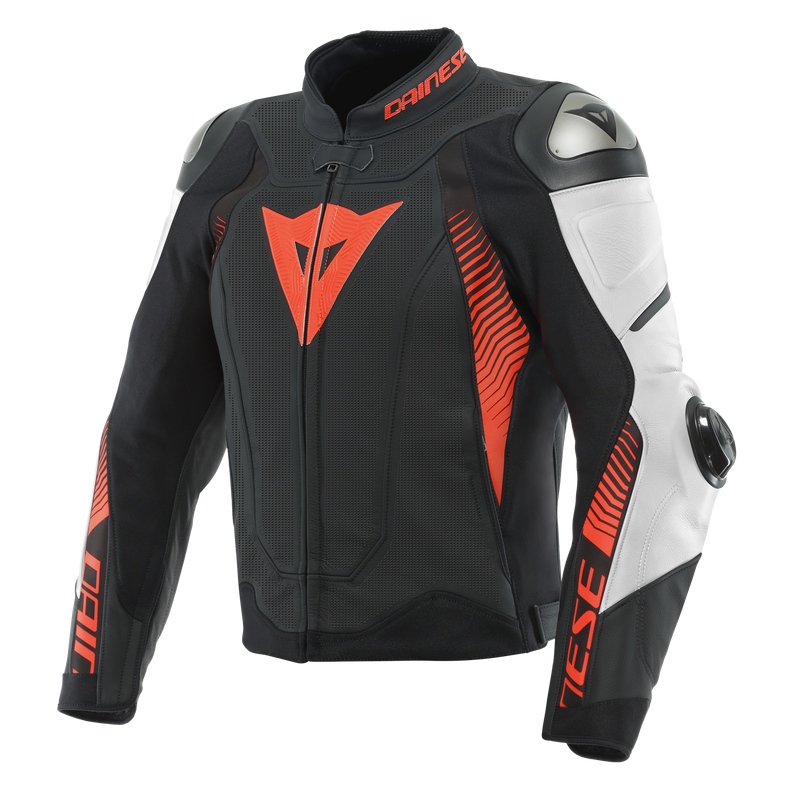 Super Speed 4 - Men Perforated Leather Motorcycle Jacket - Black-Matt/White/Fluo-Red