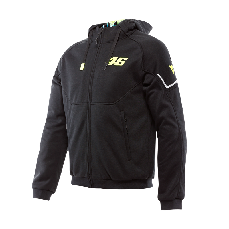 VR46 Hoodie Full Zip - Men's Protective Motorcycle Hoodie - Black/Yellow-Fluo