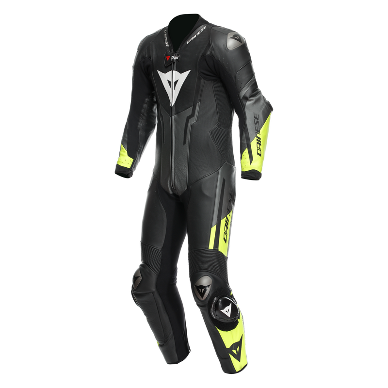Misano 3 D-AIR® - Men's 1-Piece Motorcycle Perforated Leather Suit With Airbag - Black/Anthracite/Yellow-Fluo