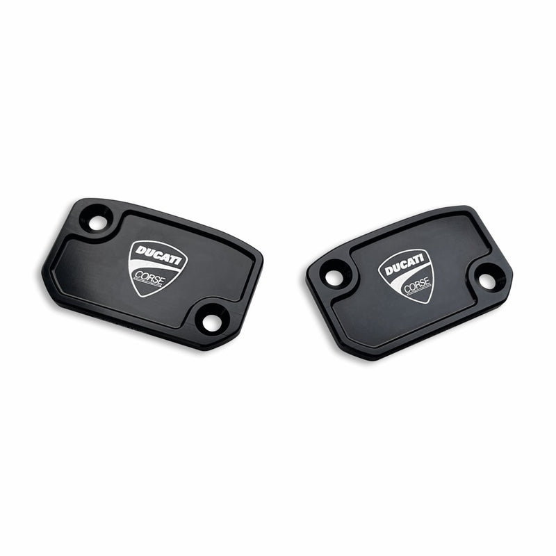 Covers for brake and clutch fluid reservoirs.