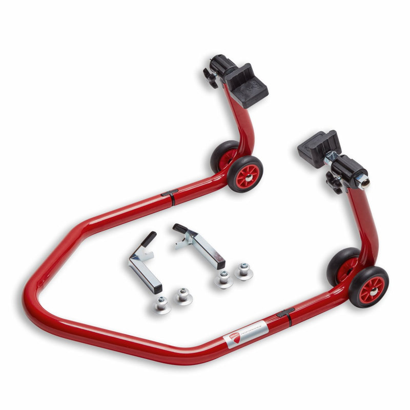 Rear service stand for double-sided swinging arm.